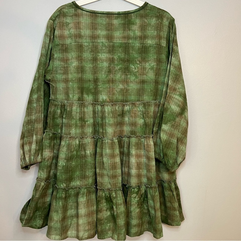 On You | Linen Tiered Tie Dye Mini Dress Babydoll Cuff Sleeve Bamboo Green Sz L - Picture 15 of 15